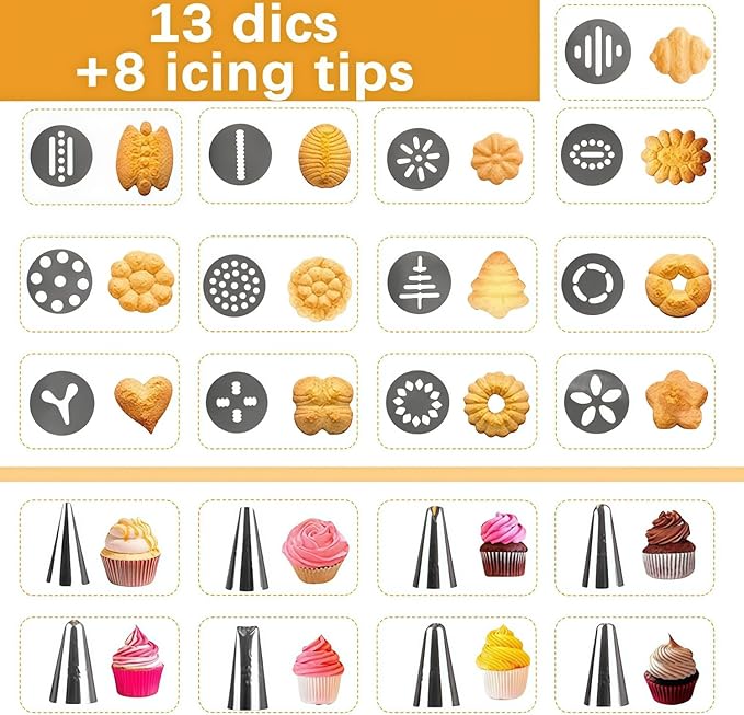 Spritz Cookie Press Gun Kit,13 Cookie Discs+8 Icing Nozzles Perfect for DIY Christmas Cookies and Decorating Cookies,Gifts for Wome(Comes with Cleaning Brush)(yellow)