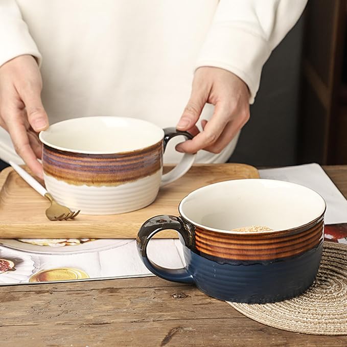 Disoza Blue & Brown Large Ceramic Soup Mug with Handles 24 OZ Oversized Bowl Porcelain 700 ML Coffee Tea Cup XXL Cereal Soups Ramen Salad Bowl - Image 4