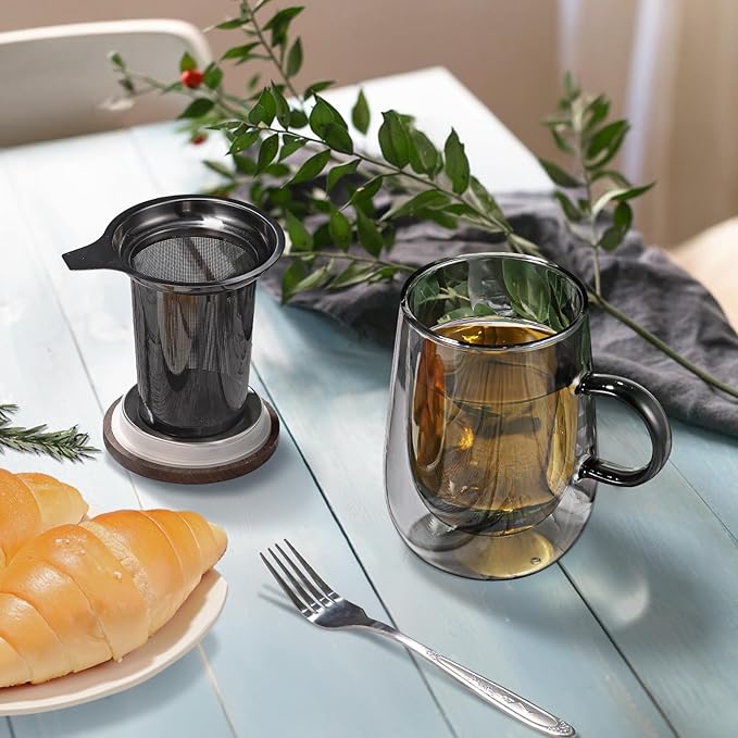 glastal Tea Infuser Mug 14.5oz Glass Tea Cup with Removable Stainless Steel Infuser and Lid, Double-walled Black Glass Tea Cup Teacup for Loose Leaf Tea, Birthday for Parents Dad Mum Friends Office
