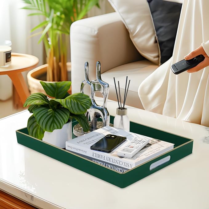 MAONAME Dark Green Decorative Tray for Ottoman, Serving Tray with Handles | Plastic Coffee Table Tray, Modern Melamine Tray, Rectangle Countertop Organizer Tray for Living Room, 15.8"L x 10.2"W x 1.4"H - Image 5