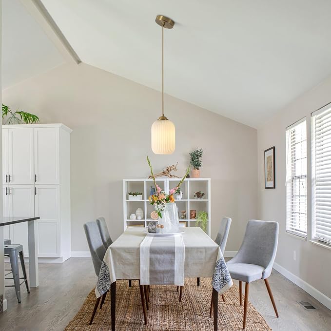 KCO Lighting Brass Gold Mini 5.5” Ribbed Cylinder White Glass Pendant Light | Adjustable Cord E26 Hardwired Hanging Lamp Mid Century Modern Vintage Hanging Light for Kitchen Island Bedroom Dining Room - Image 6