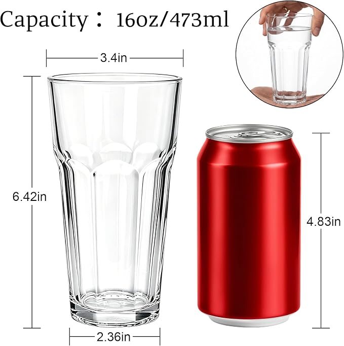 Mapoxy 16oz Highball Glasses Set of 6, Thick Lead-Free Glass Tumblers | Clear Drinking Glasses with Heavy Base for Water, Juice, Beer, Cocktails, Dishwasher Safe Bar Glassware, Ideal Gifts - Image 3