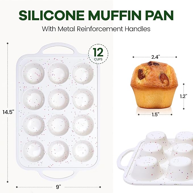 Silicone Muffin Pan with Metal Reinforced Frame - Non-Stick 12 Cups Muffin Pan for Homemade Making Muffin Cakes, Tart, Bread, Oven and Dishwasher Safe - Cream with Rainbow Dots Set of 2