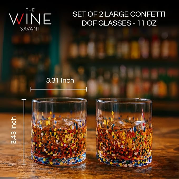 Large Confetti DOF Glasses – Set of 2-11oz Luxury Hand Blown Confetti Whiskey, Margarita, Martini, Cocktails, Water, Wine, Dessert & Champagne Glasses Cinco de Mayo, Hand Blown - Mexican Water Glass - Image 2