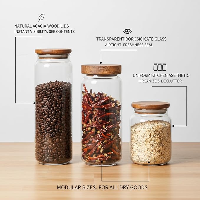 Clear Glass Storage Jar with Natural Acacia Wood Lid for Pantry Organization - Image 5