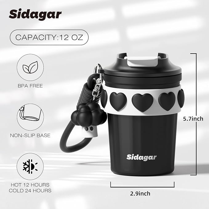 SDGA+ 12 oz Travel Coffee Mug Spill Proof Leak Proof, Stainless Steel Thermal Coffee Cup with Lid, Resuable Cup for Hot and Cold, Portable Tumbler for Women, Black - Image 2