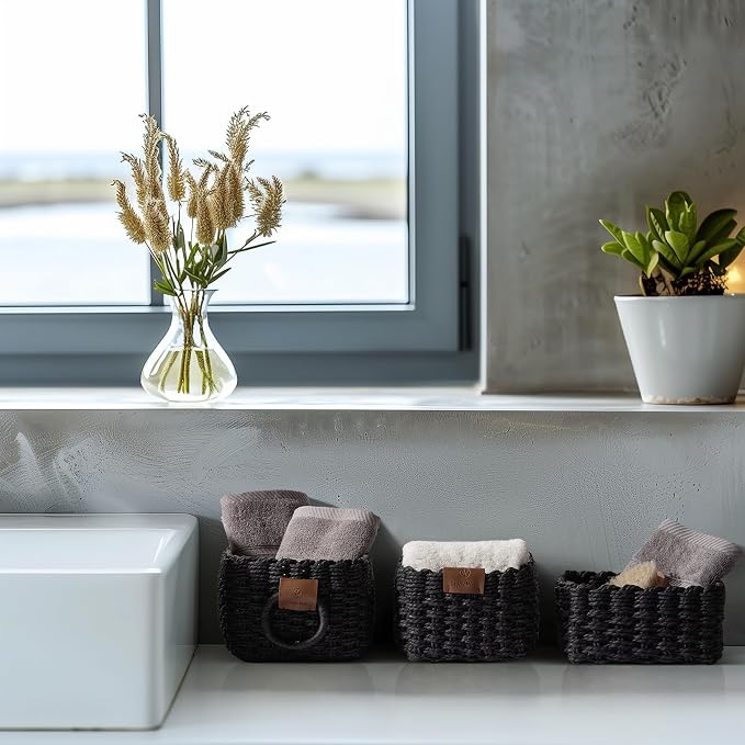 LA JOLIE MUSE Small Wicker Baskets for Organizing, Black 3 Pack | Decorative Organizer with Vegan Leather Tag, Round Handle, Storage Baskets for Shelves, Bedroom, Kitchen, Office and Home - Image 4