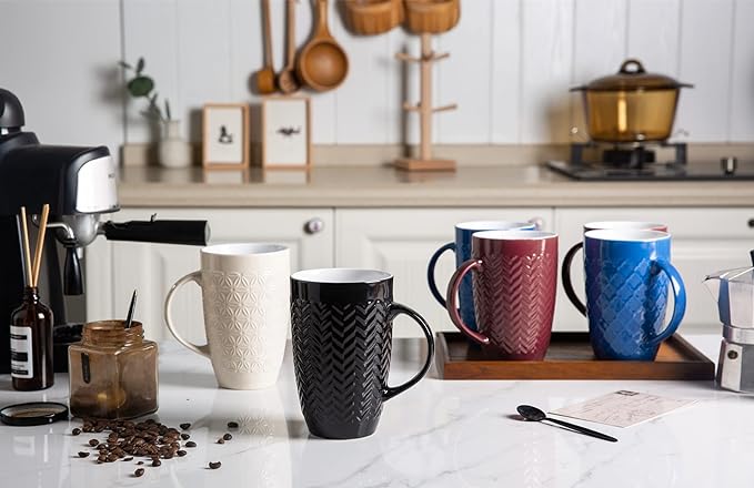 AmorArc Extra Large Coffee Mugs Set of 6, 20oz Ceramic Tall Coffee Mugs Set with Textured Geometric Patterns for Coffee/Tea/Beer/Hot Cocoa, Dishwasher & Microwave Safe,Beige - Image 3
