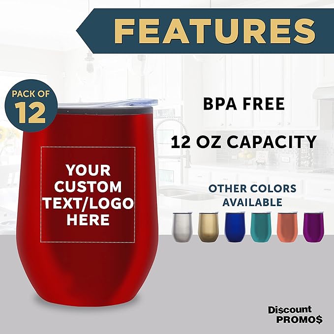Custom Stemless Wine Tumblers 12 oz. Set of 12, Personalized Bulk Pack - Insulated, Perfect for Wine, Cocktails, Other Hot & Cold Beverages - Red