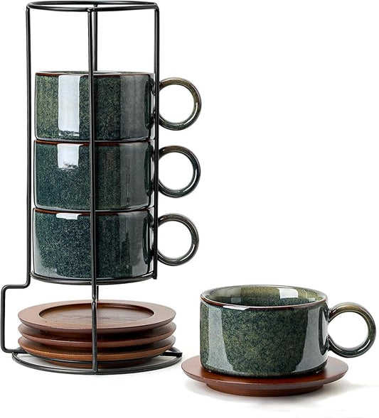 LUKA 6 Ounce Porcelain Stackable Espresso Cups with Saucers and Metal Stand Set of 4, Ceramic Cappuccino Cups Set for Specialty Coffee Drinks, Latte, Cafe Mocha and Tea, Reactive Dark Green