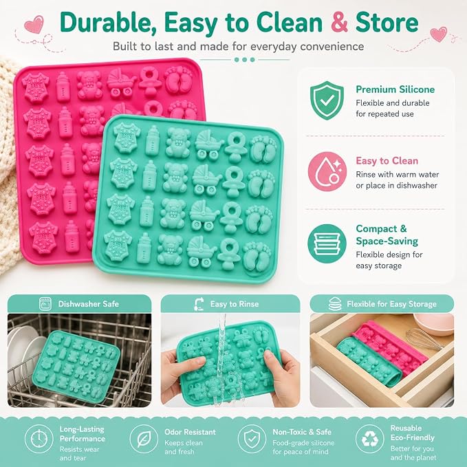 2 Pack Food Grade Silicone Chocolate Molds, Baby Onesie Foot Pacifier Cradle Bear Bottle Shapes, BPA Free Easy Demold for Candy Gummy Cake Decor Baby Shower Party - Image 6