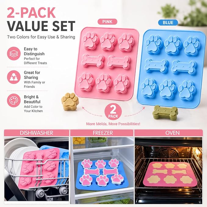 2 Pcs Dog Treat Molds Silicone with Puppy Dog Paw and Bone Shaped 2 in 1，Easy Release – Non-Stick Molds for Homemade Dog Treats, Pudding, Peanut Butter & Baking Biscuits - Image 5