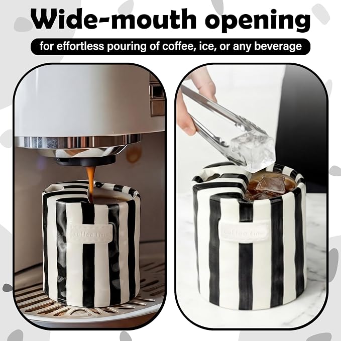 1 Pack Ceramic Coffee Mug with Sip Hole Espresso Cup 10oz with Straws Retro Hand Painted Striped Ceramic Iced Coffee Tea Travel Mug Latte Cup for Kitchen Dining (Simple,Black) - Image 5