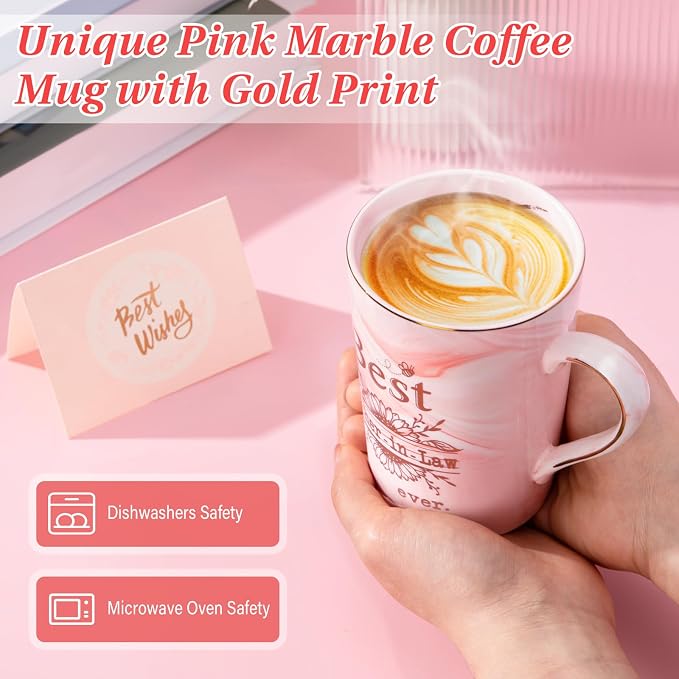 Mother in Law Birthday Gifts, Best Mother In Law Ever, 14oz Pink Marble Mug | Mom Mug with Gold Print, Mom Gifts from Daughter-In-Law or Son-In-Law, Wedding Valentine Coffee Cup Present, Nice Gift Boxed - Image 4