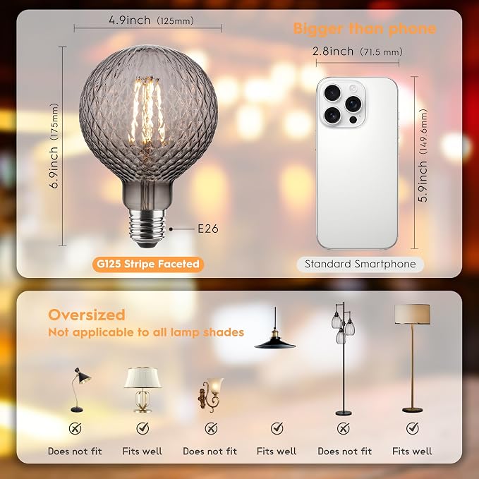 G125 Edison LED Bulb,4W Dimmable E26,2200K Smoky Diamond Glass | Oversized Decorative Edison Bulb, Mellow Ambient Light, Dim, Fit Indoor & Outdoor Store, Cafe & Dining Area Lighting - Image 2