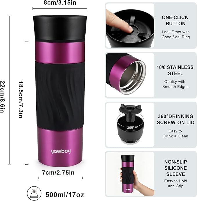 Travel Coffee Mug with 360°Lid, Travel Coffee Tumbler 16 Oz Leak Proof, Stainless Steel Insulated Travel Mugs for Hot and Cold Spill Proof(MetPaintBlue) - Image 4
