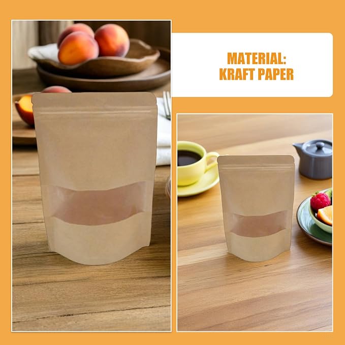 50pcs Reusable Kraft Paper Food Packaging Bags with Window and Resealable Zipper Lock, Self-standing Pouches for Snacks Nuts, for Pantry Organizing - Image 9