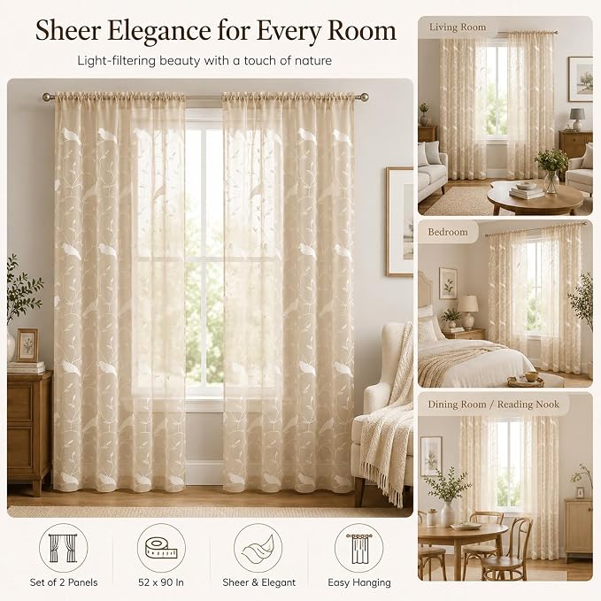 Sheer Curtains 84 Inches Long, White Bird Embroidered Taupe Sheer Curtain Window Treatments for Living Dining Room, Rod Pocket, W54 X L84, 2 Panels - Image 3