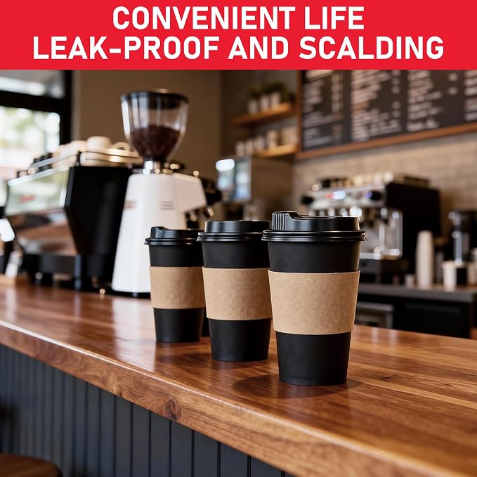Coffee Cups with Lids 16 oz 100 Pack, Sleeves and Stirring Sticks, Black Disposable Hot Paper Cups with Lids, To Go Cups, for Parties, Picnic, Travel, and Events - Image 5