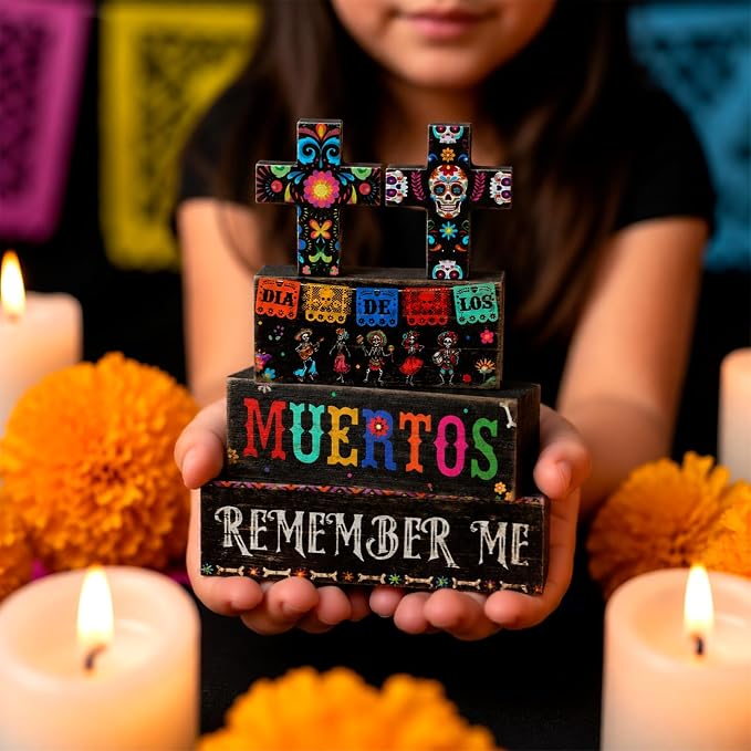 Moucuny 4 Pcs Day of the Dead Table Decorations Day of the Dead Cross Centerpiece for Table Dia De Los Muertos Tiered Tray Decor Wood Sugar Skull Block Signs for Halloween Party Home Shelf Decoration - Image 5