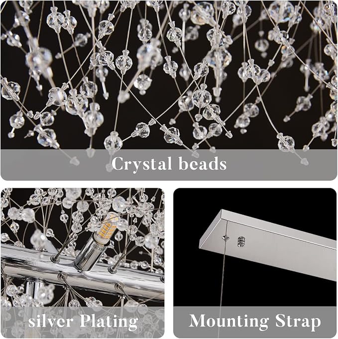 Modern Chrome Crystal Firework Chandelier Linear Lighting Fixtures | 35.5" Sputnik Ceiling Light Fixture Rectangular Hanging Pendant Light for Kitchen Island Dining Room Living Room 12-Lights - Image 6