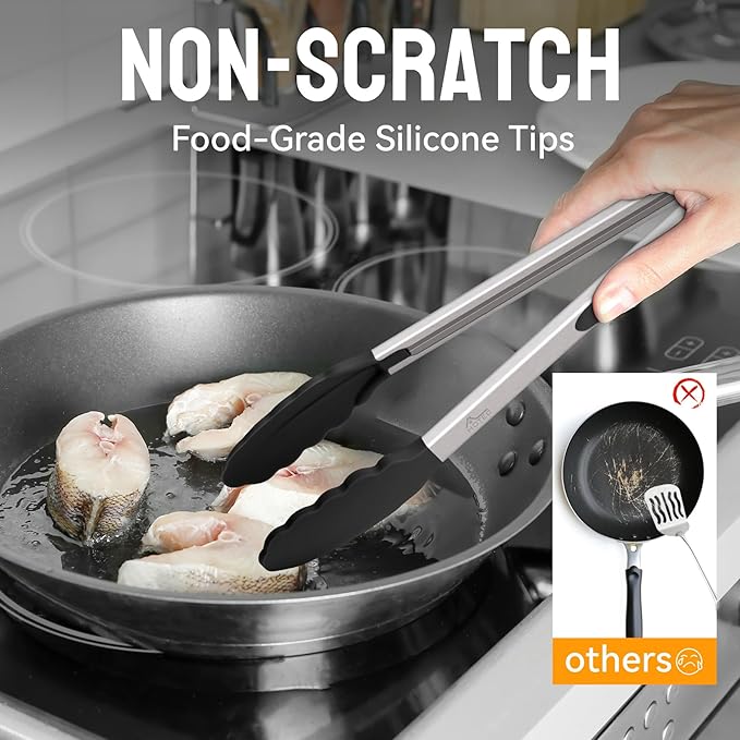 HOTEC Premium Stainless Steel Locking Kitchen Tongs with Silicon Tips, Set of 3-7", 9" and 12", Black, Grey, White - Image 4