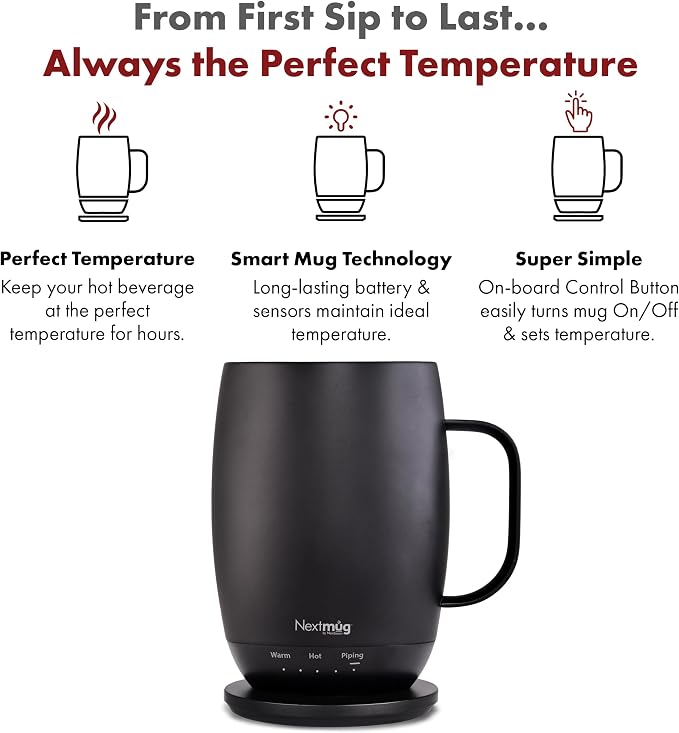 Nextmug Plus - Temperature-Controlled, Self-Heating Coffee Mug | (Black - 18 oz.) – No App, Long-Lasting Battery for Work & Study, Great Gift for Coffee Lovers - Image 3