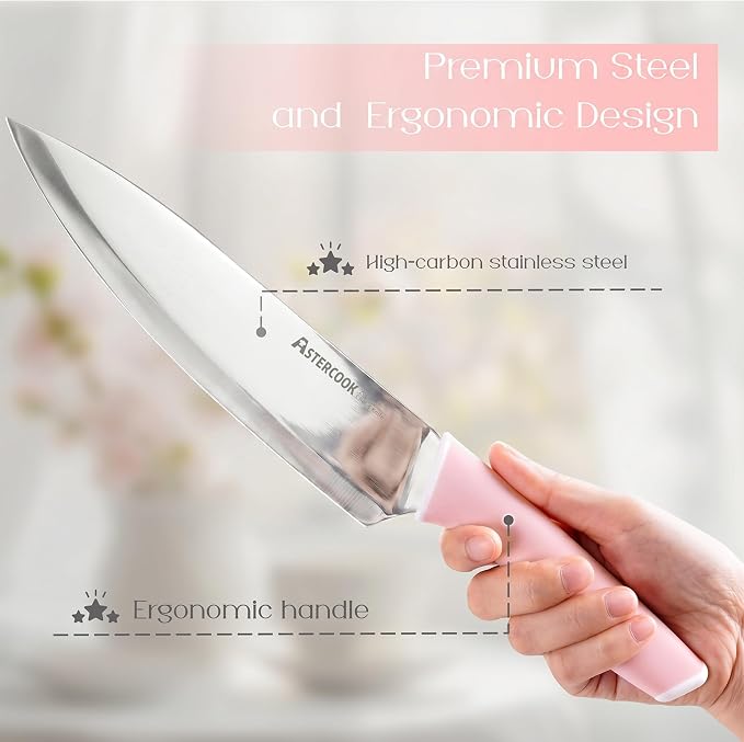 Astercook Knife Set, Kitchen Knives Set with Block and Sharpener 15 Pcs German Stainless Steel Knives Sharp Blade Dishwasher Safe Deba Knives with Ergonomic Handle, Crystal Pink - Image 7