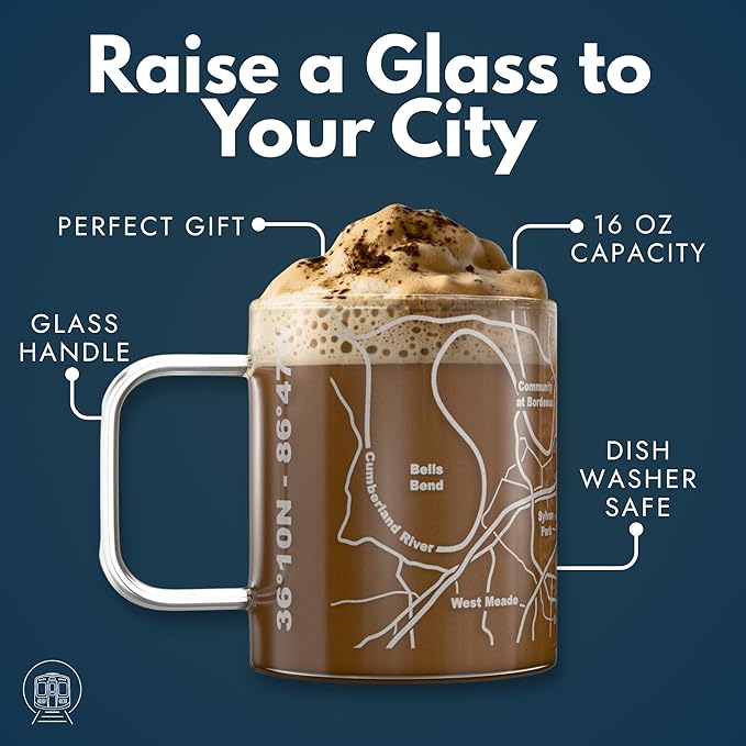 Greenline Goods – Nashville, TN Map Glass Coffee Mugs (Set of 2), 16 oz – Etched Wrap Design
