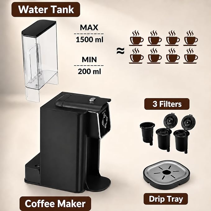 Mecity Coffee Maker 3 in 1 Single Serve Coffee Machine, Compatible with K cup Capsules, Instant Coffee Pot, Tea maker, 6,8,10 Oz Cup, Removable 50 Oz Water Reservoir, 120V 1150W, Dark Grey - Image 6