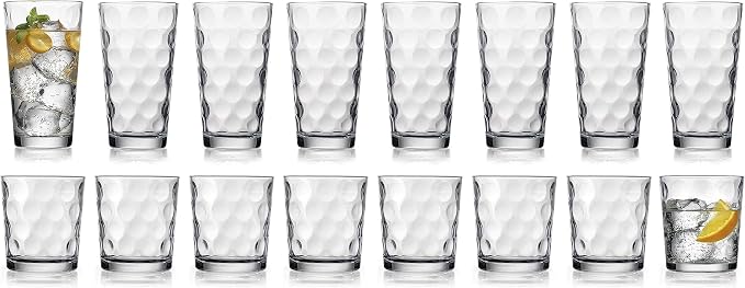Home Essentials Drinking Glasses Set of 16, 8 Highball Glasses -17 oz., 8 Rocks Whiskey Glass Cups 13 oz., Inner Circular Lensed Glass Cups. - Image 7