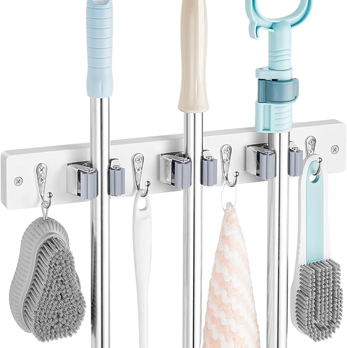 OUTNILI White Mop Broom Holder Wall Mount with 3 Slots & 4 Hooks - Wood Broom Mop Hanger for Pantry Kitchen Organization - Garden Tool Organizer for Closet Laundry Room by OUTNILI