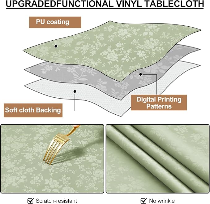 Smiry Rectangle Waterproof Heavy Duty Vinyl Tablecloths, 60 x 84 Inch | Wipeable Washable Floral Embossed Table Cover for Kitchen and Dining Room, Indoor & Outdoor Use, Grass Green - Image 6