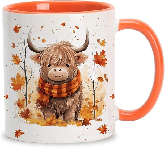 Hyturtle Fall Highland Cow Maple Leaves Coffee Mug Gifts For Cow Lovers | Fall Autumn Decor, Thanksgiving Gift, Premium 11oz White Ceramic Mug, Print on Both Sides, Perfect for Hot or Cold Coffee Tea by Hyturtle