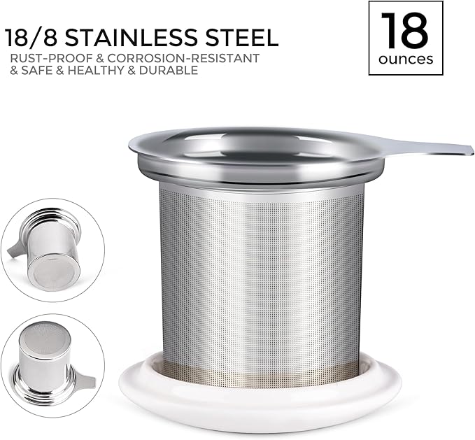 GBHOME Tea Mug with Infuser and Lid, 18 Ounce Large Ceramic Loose Leaf Cup, Microwave, Dishwasher Safe Steeping Mug, Pefect For Tea Lover