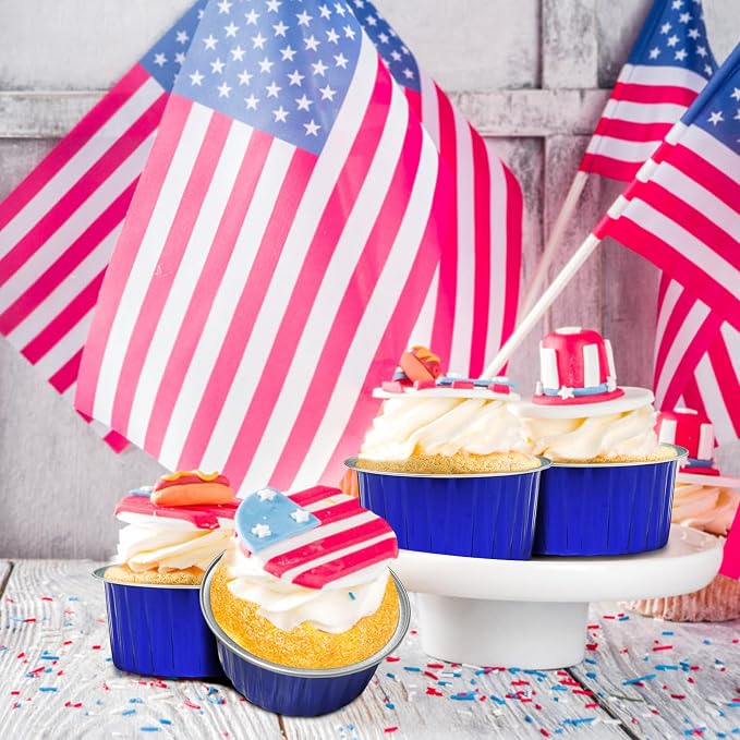 4th of July 50Pcs Mini Aluminum Foil Cupcake,5oz Baking Cups with Lids | Blue Mini Cake Pans,Oven Safe,Loaf Pans with Lids,Disposable Ramekins,Tin Cups Containers for Cupcake,Pudding,Cheesecake - Image 7