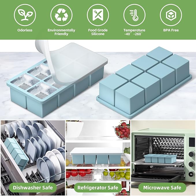 Large Ice Cube Molds, 2 Pack Easy Release Ice Trays for Freezer with Lid, Stackable Square Big Silicone Ice Cube Tray BPA Free Slow Melting for Bourbon Whiskey, Cocktails, Iced Coffee （Blue）