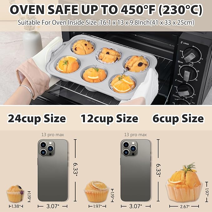 3Pcs Silicone Muffin Pan 6, 12 and 24 Cup with Metal Frame, Non Stick Jumbo Cupcake Pan with Handles, BPA Free Silicon Mini Muffin Tin Regular Tray For Baking,Egg Bites,Mold Light Grey