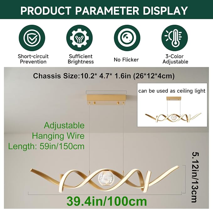 ORANOOR LED Modern Chandelier 39inch Dimmable Kitchen Island Pendant Lights | Gold Chandelier Light Fixtures, Linear Wave Spiral LED Pendant Lighting Over Island, Dining Room Lights Ceiling Hanging, 36W - Image 5