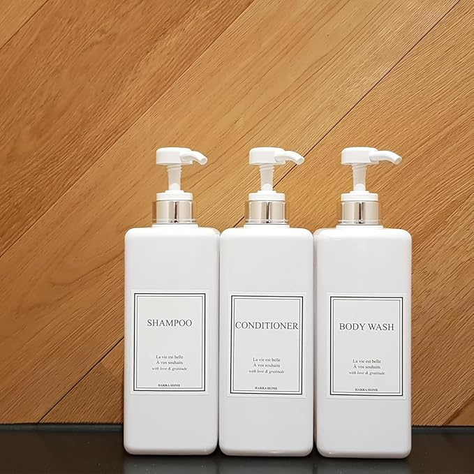 Modern Design Large 27 oz Shampoo and Conditioner Dispensers - Empty Plastic Refillable Pump Bottle Set for Bathroom Shower Soap Dispenser, Gift Box Included, Set of 3, (White & Silver)