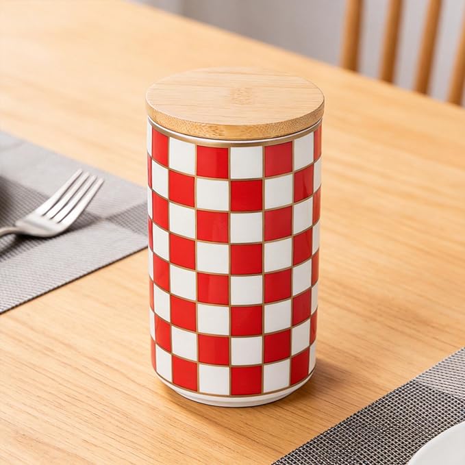 Kitchen Countertop Ceramic Checkered Canisters,Black And White Food Storage Containers With Lid,Airtight Kitchen Canisters for Flour, Sugar, Coffee, Tea, and Dry Goods (Red, Large) - Image 4