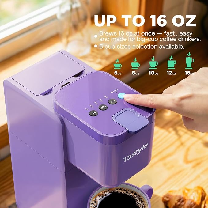 Tastyle Single Serve Coffee Maker Hot and Iced with Bold Brew, Up to 16 Oz | for K Cup and Ground, Fits 7.3'' Travel Mug, 5 Cup Sizes, Compact for Office, RV& Hotel, K320, 3.0 Version, Purple - Image 3