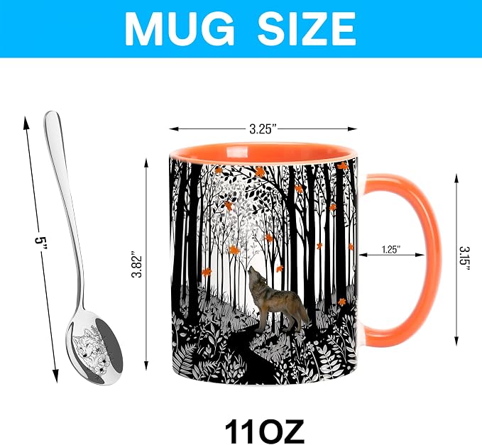Hyturtle Fall Howling Wolf Coffee Mug with Spoon Gift on Birthday Christmas | Wolf Lover Gift Ideas for Women Men, Fall Autumn Decor Gifts for Thanksgiving, Premium 11oz ceramic double-sided print mug - Image 4