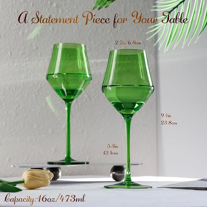 Emerald Green Wine Glasses Set of 6 – 16oz Handblown Long Stem Wine Glasses for Red & White Wine – Elegant Colored Glassware for Home Dining, Parties & Gifts - Image 2