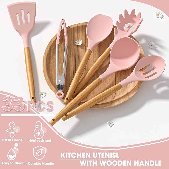 Umite Chef Silicone Kitchen Utensils Set, 33 Piece Non-Stick Kitchen Utensils with Stand, Wooden Handle, Pink - Image 6