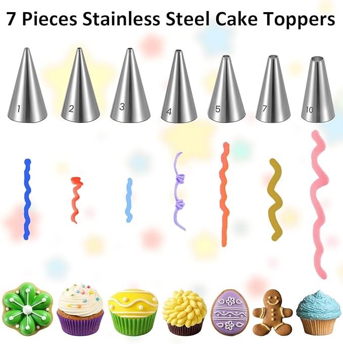 7 PCS Piping Tips, Cake Decorating Kit Extra Fine Stainless Steel Meringue Icing Tips Piping Nozzles Round Hole Icing Tip Cupcake Frosting Nozzles for Buttercream, Birthday Cake, Cupcake, DIY Art