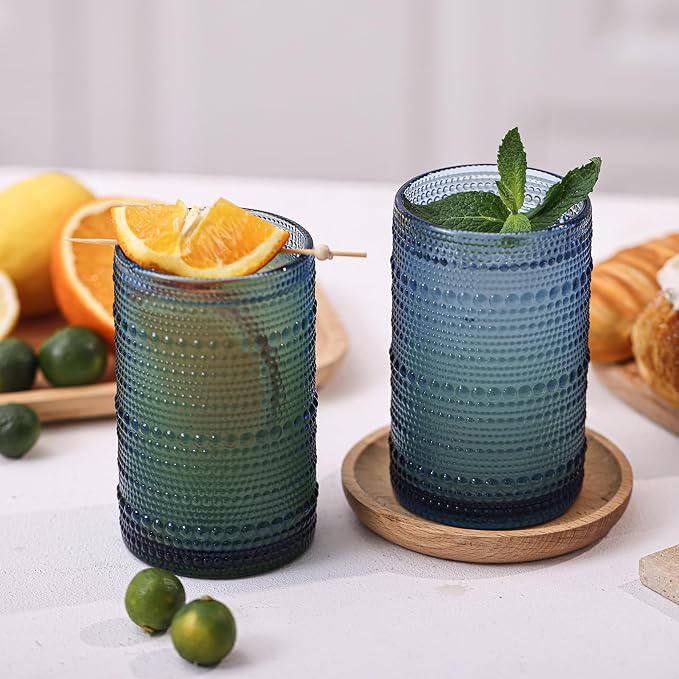 Moretoes 15oz Blue Vintage Hobnail Drinking Glasses Set of 6 | Highball Glass Cups, Kitchen Drinkware Glassware for Beer,Cocktail,Whiskey,Juice and Various Mixed Drinks - Image 4