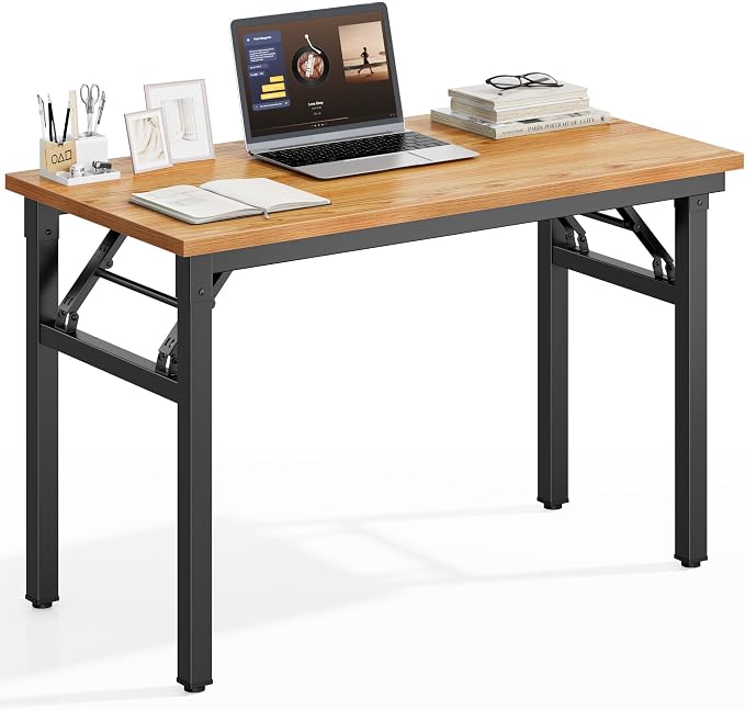 DlandHome 35.8 Inch Small Folding Computer Desk for Home Office, Teak Black | Foldable Writing Table for Small Spaces Bedroom, No Assembly Required, Wood Top Metal Frame, Collapsible Compact Easy Storage by DlandHome