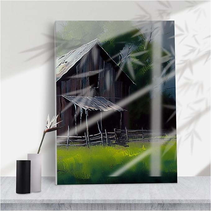 Rustic Weathered Barn Art Print,Moody Impressionist Old Wooden Barn Green Fields Trees for Farmhouse or Rustic Home Decor,16''x24'' Framed Modern Canvas Wall Art by Unknown