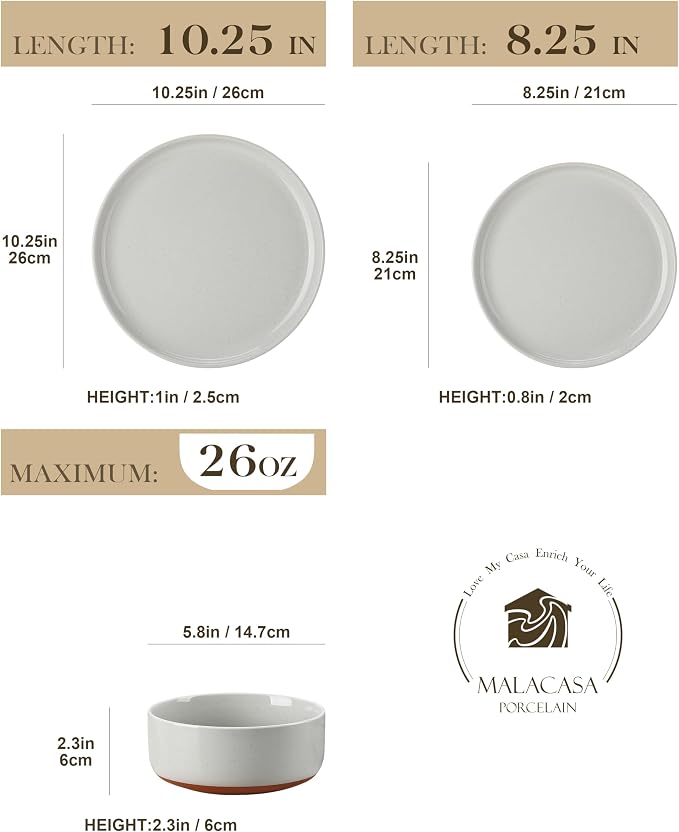 MALACASA Plates and Bowls Sets, 24 Pieces Modern Ceramic Dinnerware Set for 8 Kitchen Dinner Set Stoneware Dishware Dishes Set Microwave and Dishwasher Safe, Grey, Series TARA - Image 2